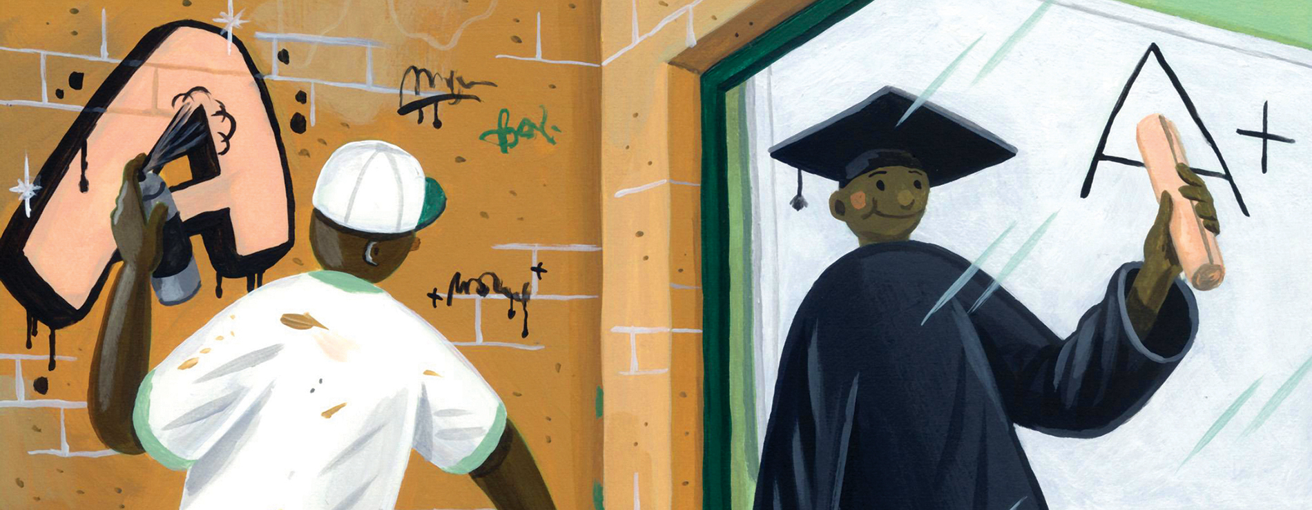 Illustration of a young man spraypainting an 